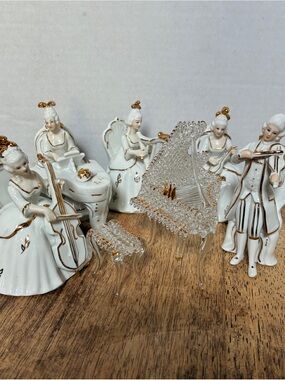 Miniature Victorian Orchestra 7-Pc White w/Gold Porcelain Glass Vintage Set